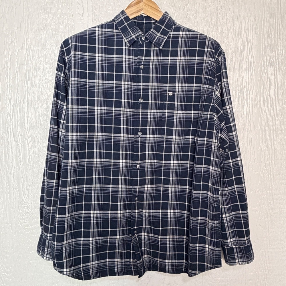 Nautica Jeans Company Mens Large Navy Blue White Plaid Cotton Button Down Shirt